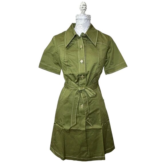 Modcloth Retro Mini Shirt Dress Belted Button Up Short Sleeve Green Women 2 NWT